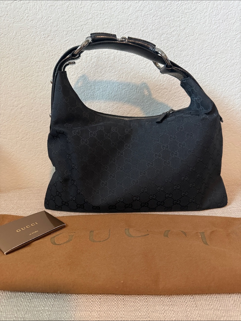 Gucci Black GG Canvas Shoulder Bag with Silver-Tone Hardware